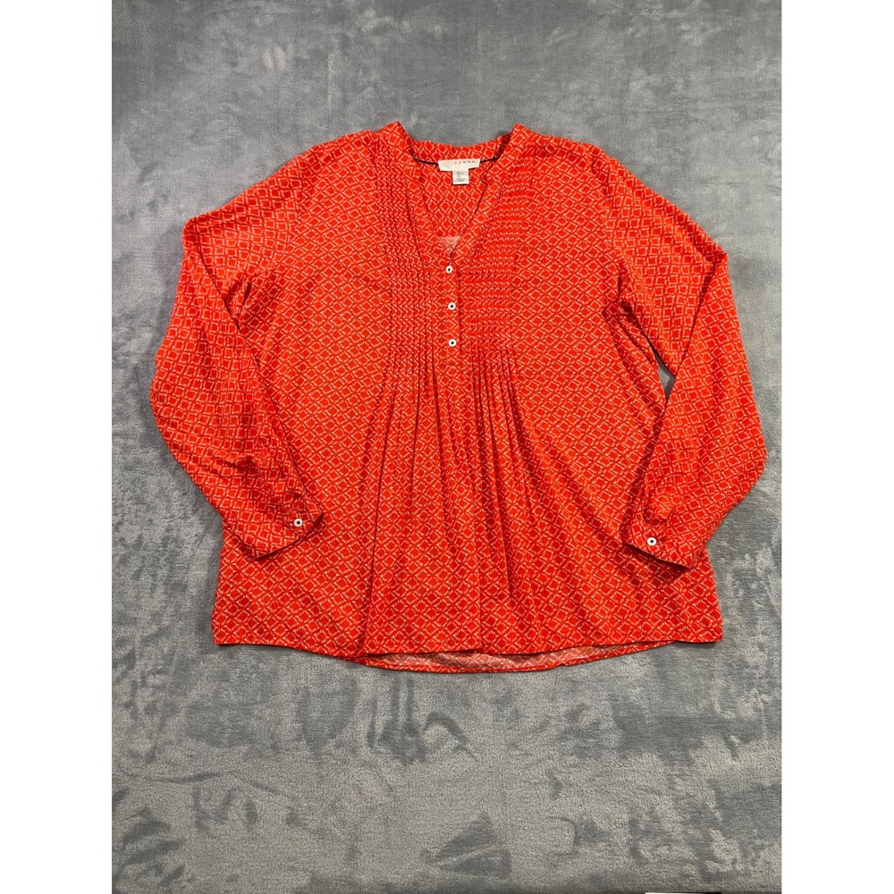 Kenar Womens Orange White Geometric Pintuck Button Front Rayon Blouse Large